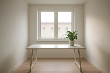 Minimalistic Office Space with White Table, Potted Plant, and Bright Window