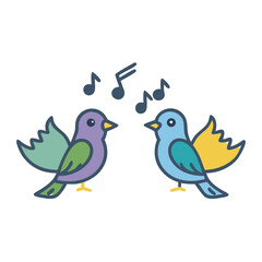 Colorful birds serenading each other with joyful musical notes in a simple illustration