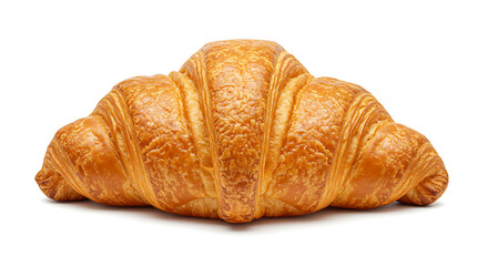 A perfectly golden-brown, flaky croissant, freshly baked and isolated on a clean white background, inviting a delicious breakfast.
