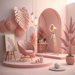 3D background stylist scene with soft lighting minimalist design high-detail props and pink tones