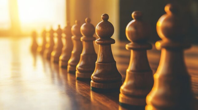Close-Up of Wooden Chess Pawns Aligned on a Table with Warm Light from a Window Creating an Inviting Atmosphere