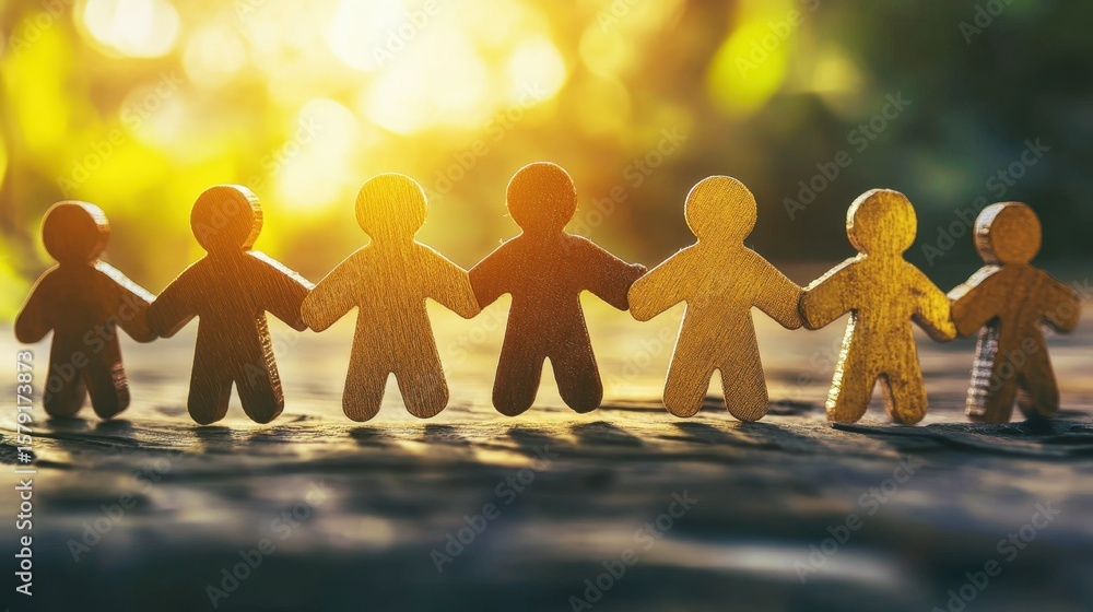 Aufkleber group of wooden figures holding hands in a natural setting with soft sunshine creating a warm and in