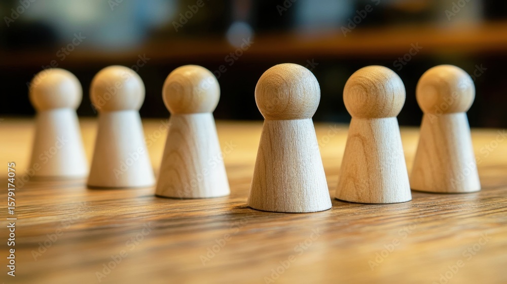 Poster wooden game pieces aligned on a table surface, representing strategy, teamwork, and board game conce