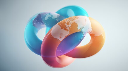 Abstract 3D design depicting interconnected global connectivity and innovation.