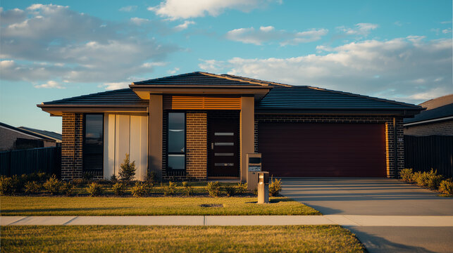 Suburban Australian home with a front garden bathed in afternoon sunlight, showcasing clean architectural lines.