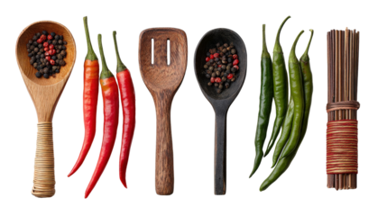 Thai chili and Thai kitchen tools set, isolated on white background