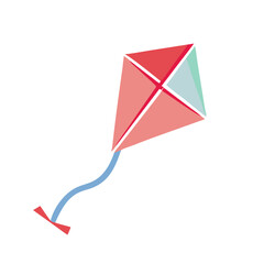 A vibrant red and light blue kite soars against a clean white background