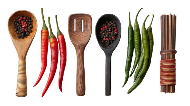 Thai chili and Thai kitchen tools set, isolated on white background