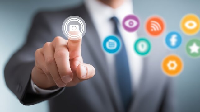 Businessman interacting with digital social media icons on a touchscreen interface.