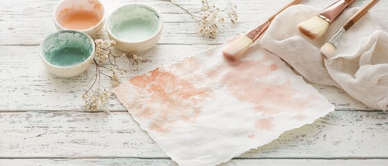 Artistic workspace with paintbrushes, bowls of paint, and delicate flowers on a rustic white wooden surface