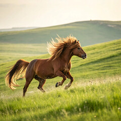 Fototapeta premium Chestnut Horse Galloping Across Rolling Green Hills | Free Wild Stallion Running Through Meadow Landscape at Sunset in Countryside Nature Scene