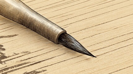 Close-up of a calligraphy brush tip on a light wood surface