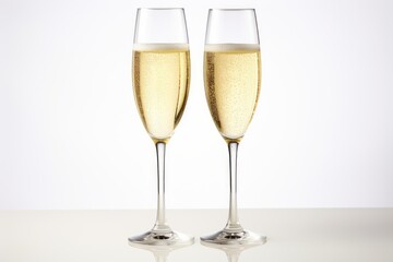 Two elegant champagne flutes stand on a reflective surface, filled with bubbly champagne, ready for a celebratory toast