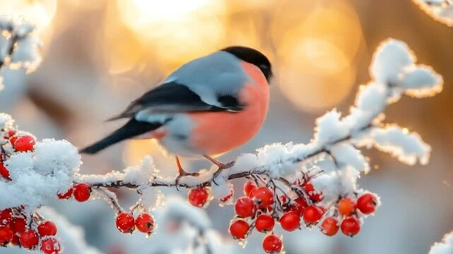 Bullfinch perched on snow-covered rowan branch, winter sunlight bokeh background