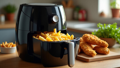 Crispy French Fries, Kitchen, Food Photography, Modern Environment, Close-Up View, Culinary Delight
