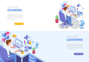 Vector isometric scene showing a man studying online at a modern desk setup, ideal for e-learning, courses, or education concepts.
