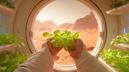 Hands hold freshly grown plants inside a Martian base. Outside the circular window, the reddish Martian landscape is visible, showcasing the challenges and possibilities of colonising Mars