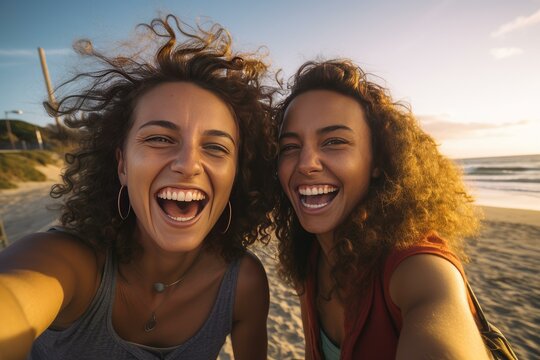 Two happy curly haired women taking a selfie on the beach at sunset