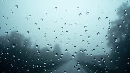 View through a car windshield covered in raindrops on a foggy day with trees in the background