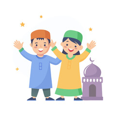 Cartoon Illustration of Muslim Children Celebrating Eid Near a Decorative Mosque