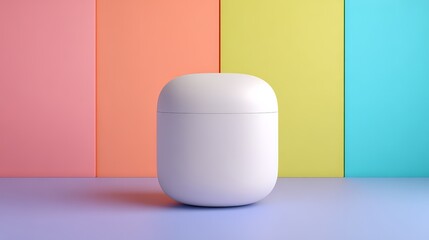 Modern wireless earbuds on a colorful background for tech enthusiasts and lifestyle.