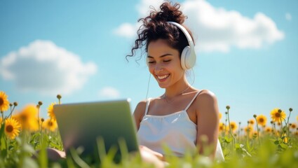 Woman with headphones using tablet in sunflower field on a sunny day with blue sky and white clouds