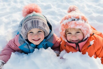 Two happy children are lying on the snow wearing winter clothes and smiling