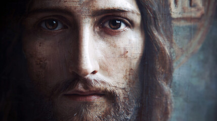 Close up illustration of Jesus Christ with expressive eyes and calm features. Traditional religious style evokes Christian faith, worship, devotion, and reflection. Ideal for sacred art use.