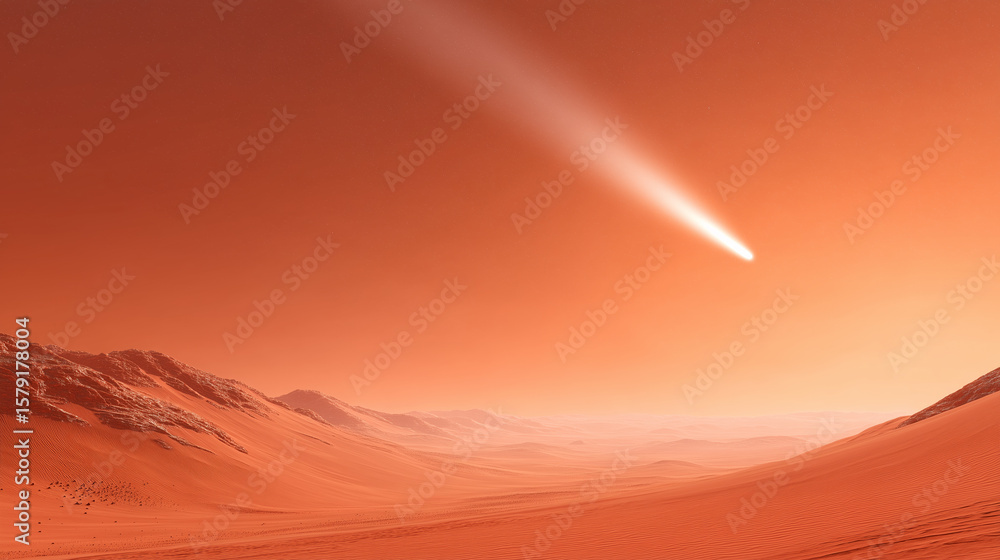 Poster exploration on mars features a barren yet stunning red landscape under a comet illuminated sky. earl