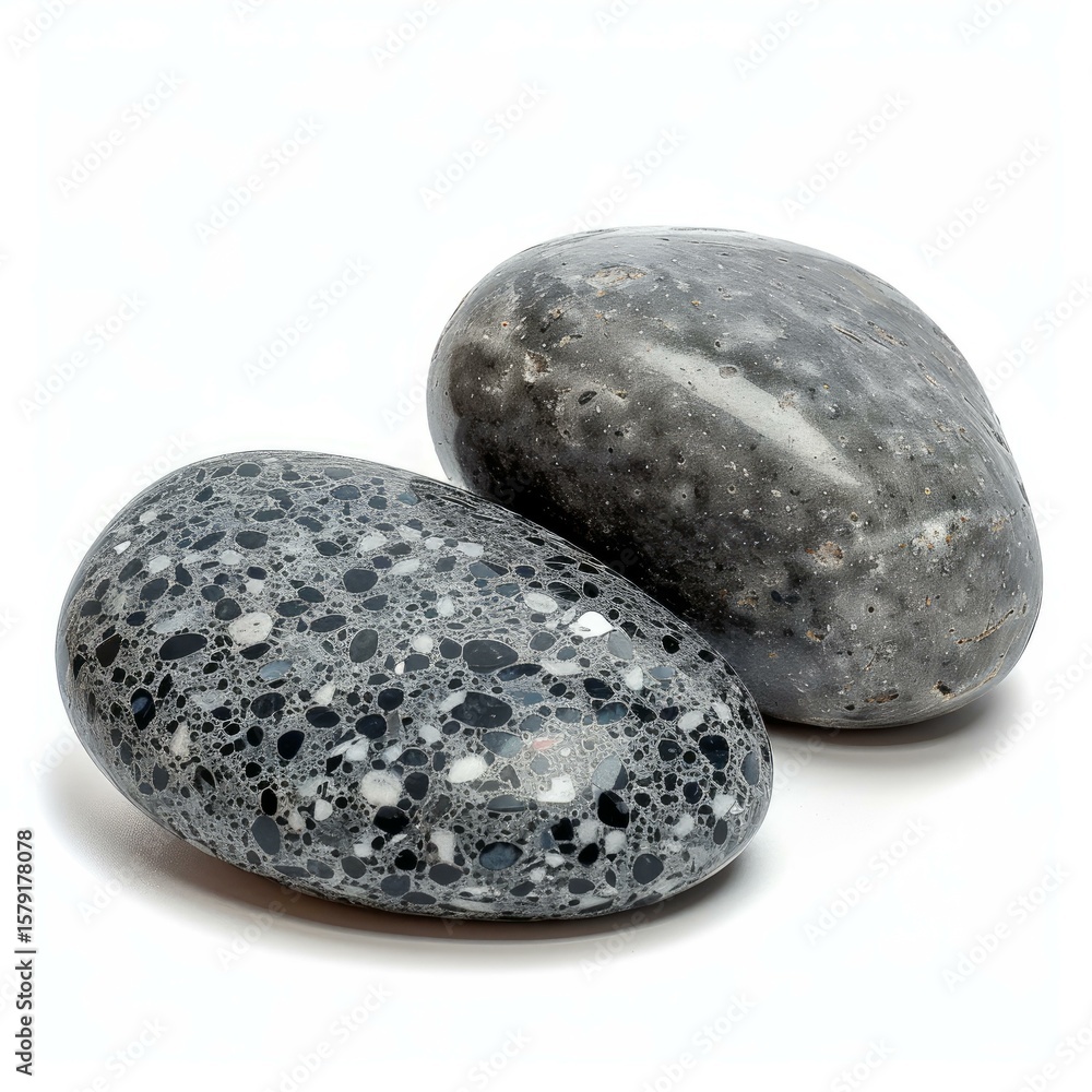 Poster two oval polished stones with gray and black colors are resting on a white background, creating a si
