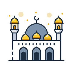 Stylized Minimalist Mosque Illustration with Crescent Moon and Golden Domes