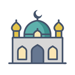 Illustration of a mosque with a crescent moon, minarets, and dome