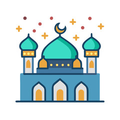 Colorful Mosque Illustration with Crescent Moon and Stars Festive Design