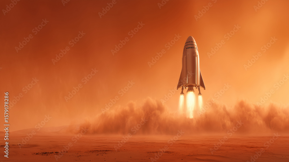 Poster a rocket propels into the martian atmosphere, kicking up dust and demonstrating humanity's commitmen