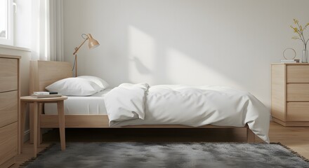 Sunlight streams into a minimalist bedroom, illuminating a neatly made single bed and light wood furniture.