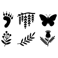 Naklejka premium Svg vector silhouette vector art of a collection of naturethemed silhouettes isolated on white background