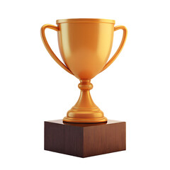Golden trophy cup on wooden base isolated on transparent background