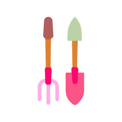 Adorable Pink and Green Gardening Tools on White Background in Flat Design