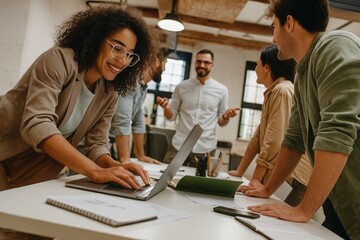 Focused professional woman collaborating with diverse colleagues in a modern office, demonstrating teamwork and effective communication during project development with a smiling expression.