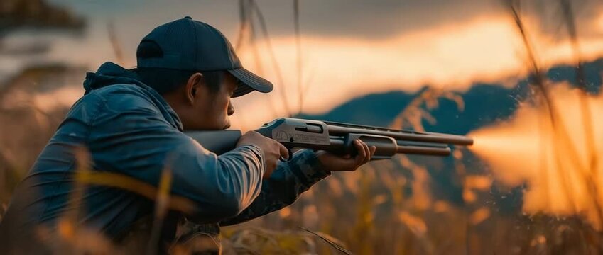 Asian man practicing shotgun sport on the field while holding a gun
