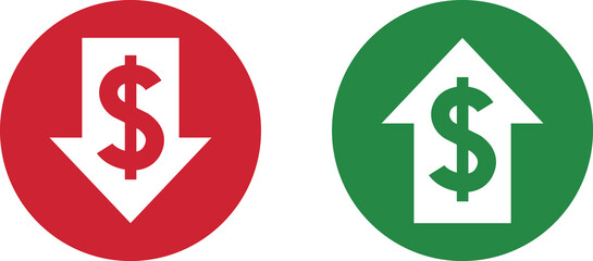 Money increase and decrease icons. Low or high total cost icon. Price, sale, rate or profit going up or down symbol with arrow and dollar sign.