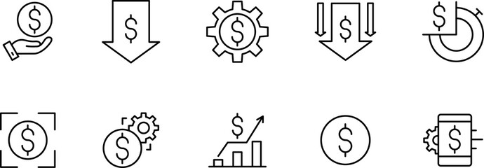 Money increase and decrease icons. Low or high total cost icon. Price, sale, rate or profit going up or down symbol with arrow and dollar sign.