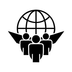 Three people with wings against a globe as a symbolic representation of unity and support around the world