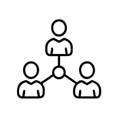 Network of three people connected by lines in a simple outline style  
