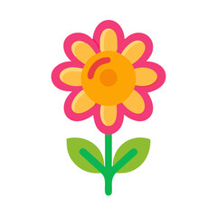 Bright and cheerful cartoon flower with pink petals and green leaves