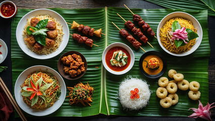 top view of Indonesian street food on banana leaf, nasi goreng, satay, sambal, kerupuk, vibrant colors, studio lighting, food photography style
