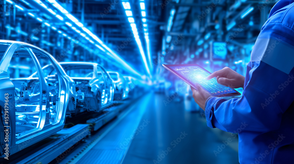 Poster a worker in a blue uniform operates a tablet while observing vehicle assembly at a bright factory. t