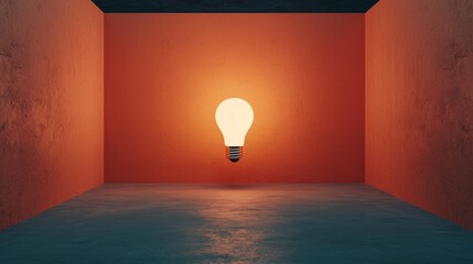 A glowing light bulb illuminated in the center of an empty, minimalist orange room with textured walls and a concrete floor.