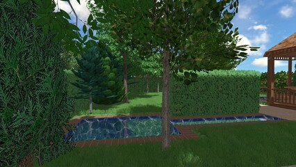 3d image of the landscape design of the home territory. Landscaping of the territory. Computer visualization of composite landscaping and landscaping solutions.