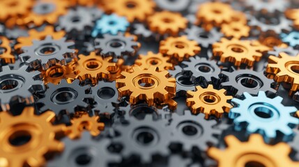 A close-up view of interlocking metallic gears in silver, gold, and blue colors, symbolizing mechanics and industrial precision.